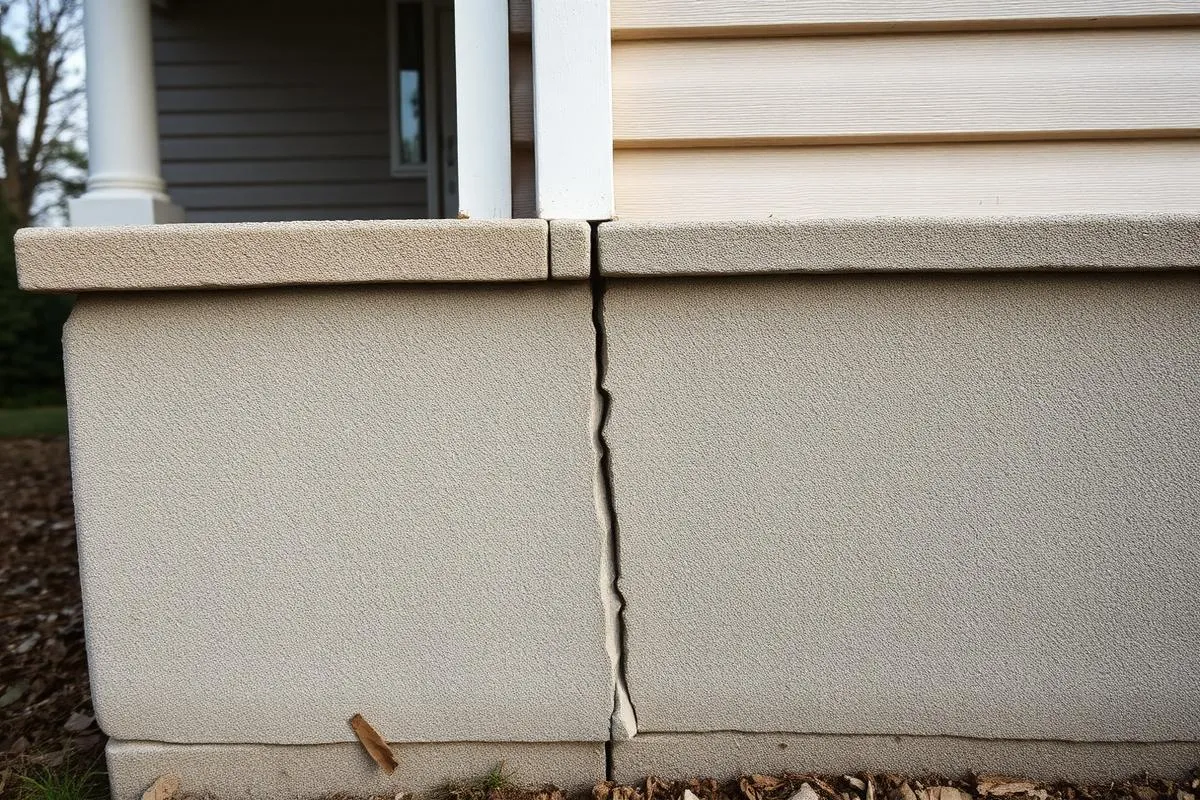 Crack running through a residential concrete foundation wall on the exterior of a house