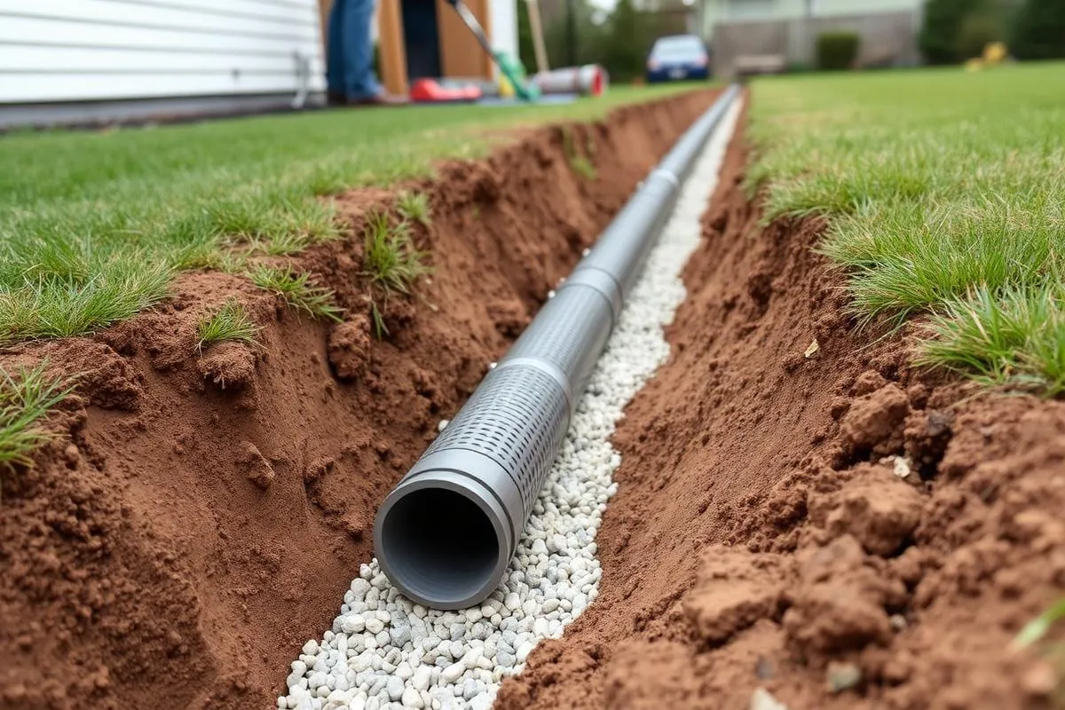 French drain pipe and gravel installed in an open trench beside a residential lawn