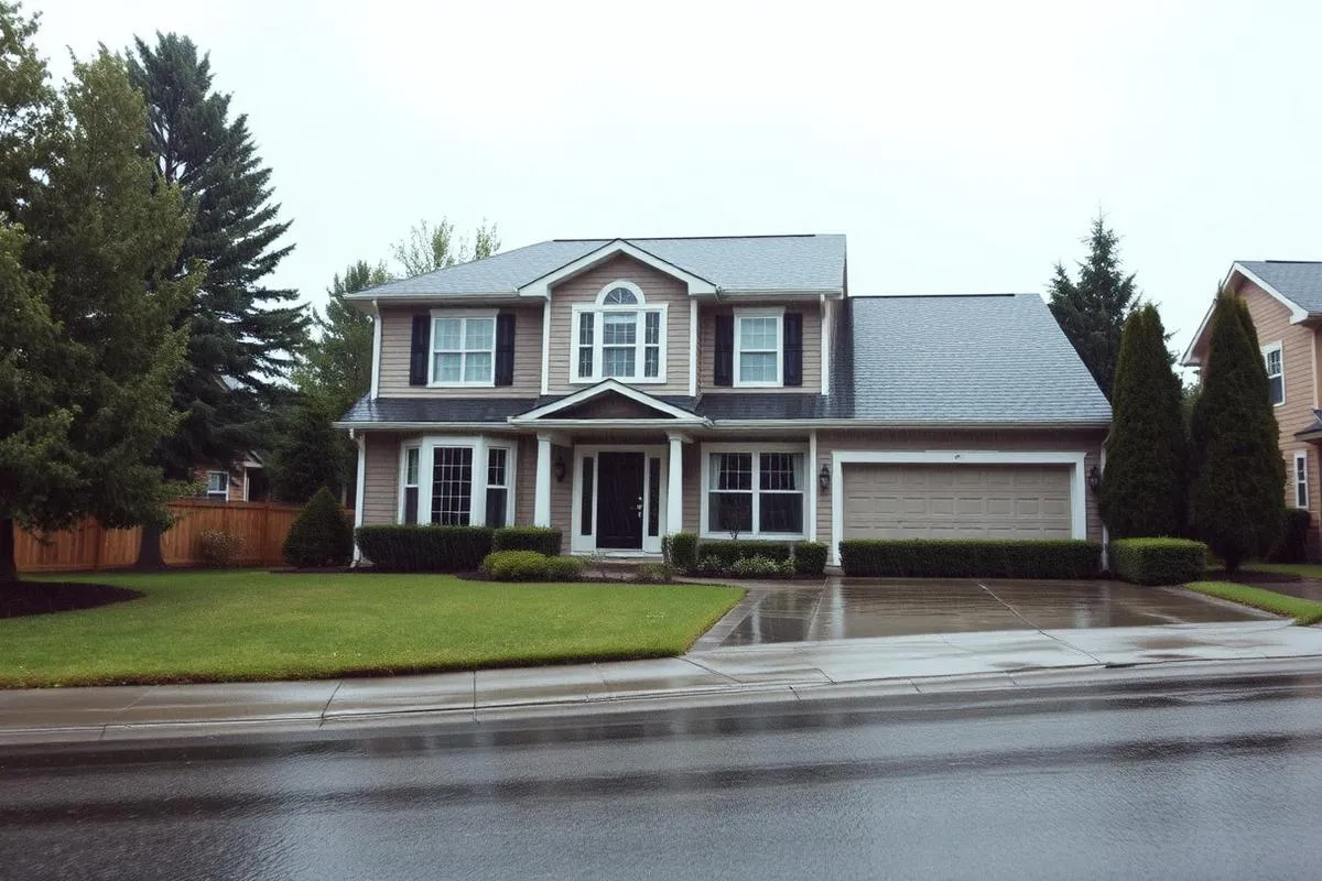Suburban home in the rain with wet lawn, gutters, and downspouts