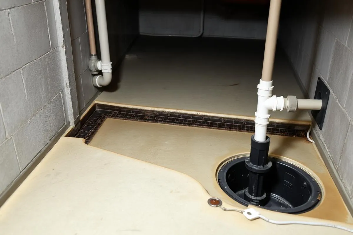 Interior basement perimeter drainage channel and sump pump basin with discharge piping