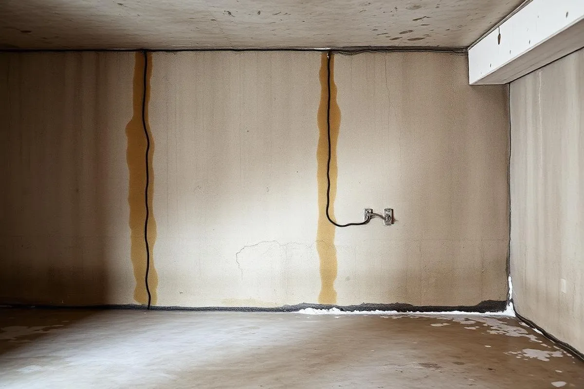Basement foundation wall showing water seepage staining and mineral deposits