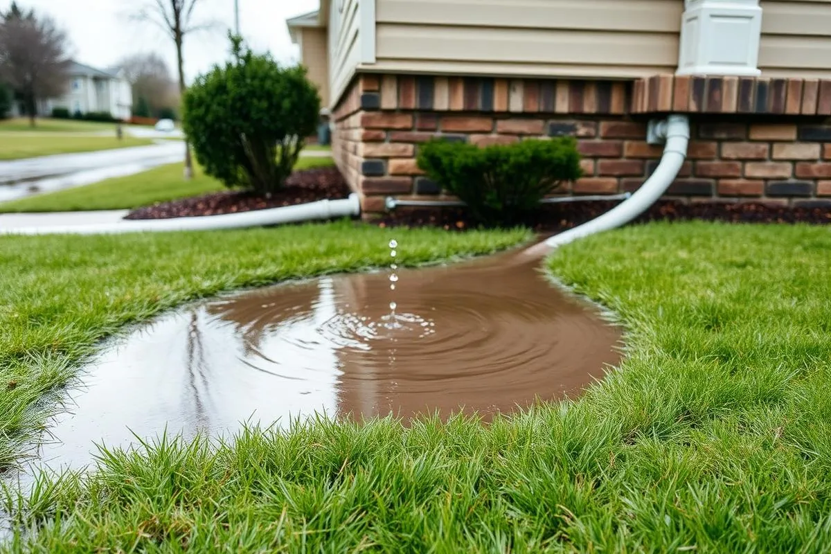 Large puddle of standing water on a saturated suburban lawn next to a house after rain